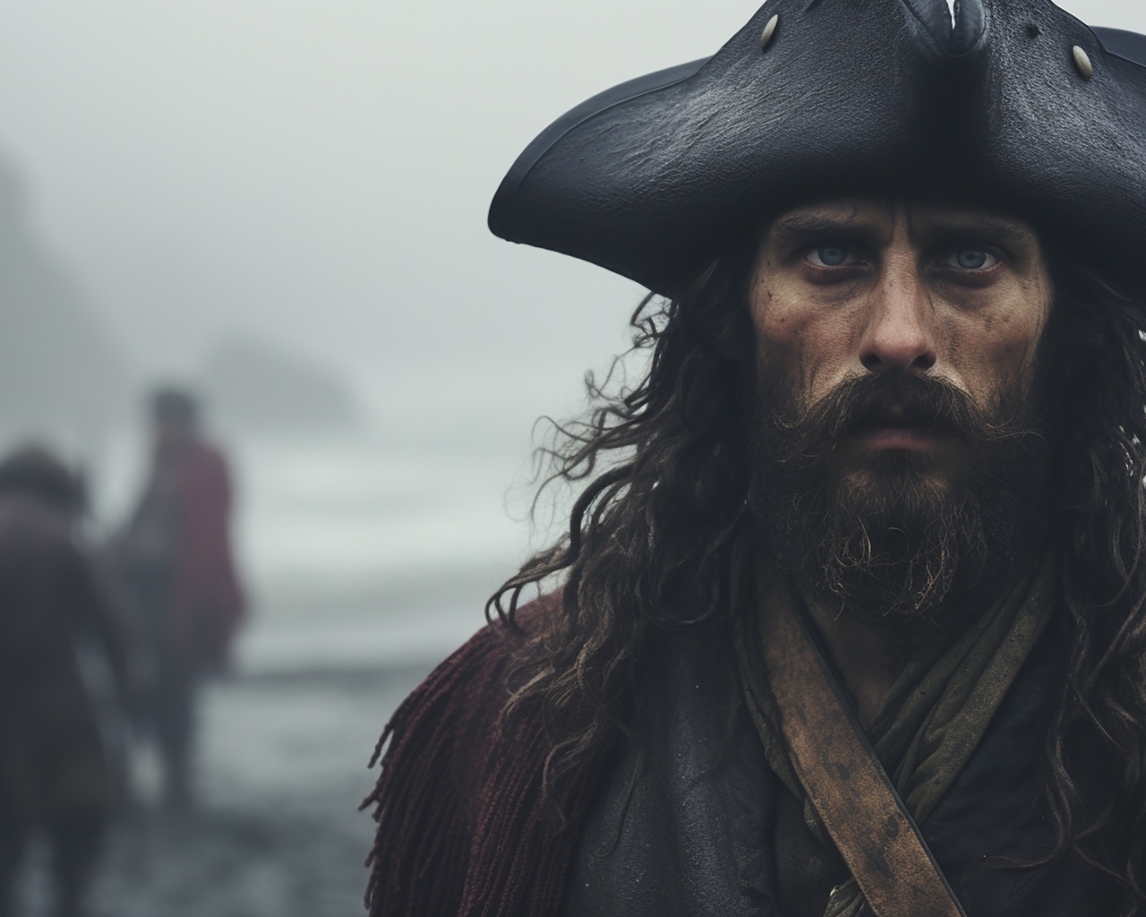 Старый пират в треуголке у моря