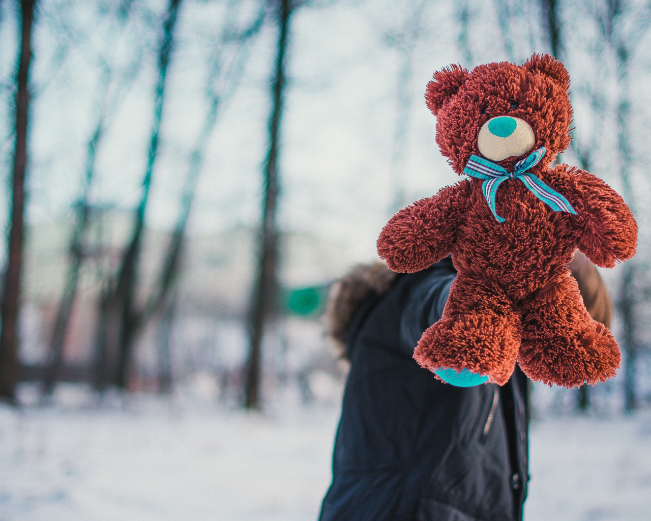 Плюшевый медвежонок Тедди в руках у парня зимой