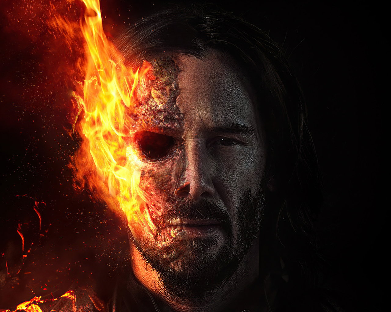 Актер Киану Ривз с горящим лицом