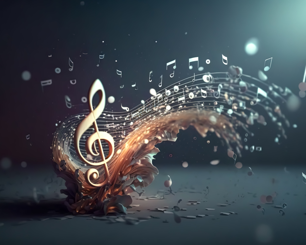 Взрыв нотных знаков на сером фоне