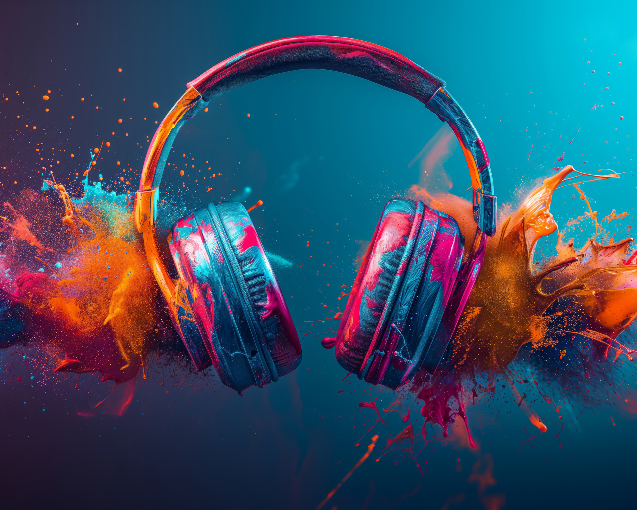 Наушники с брызгами краски на голубом фоне