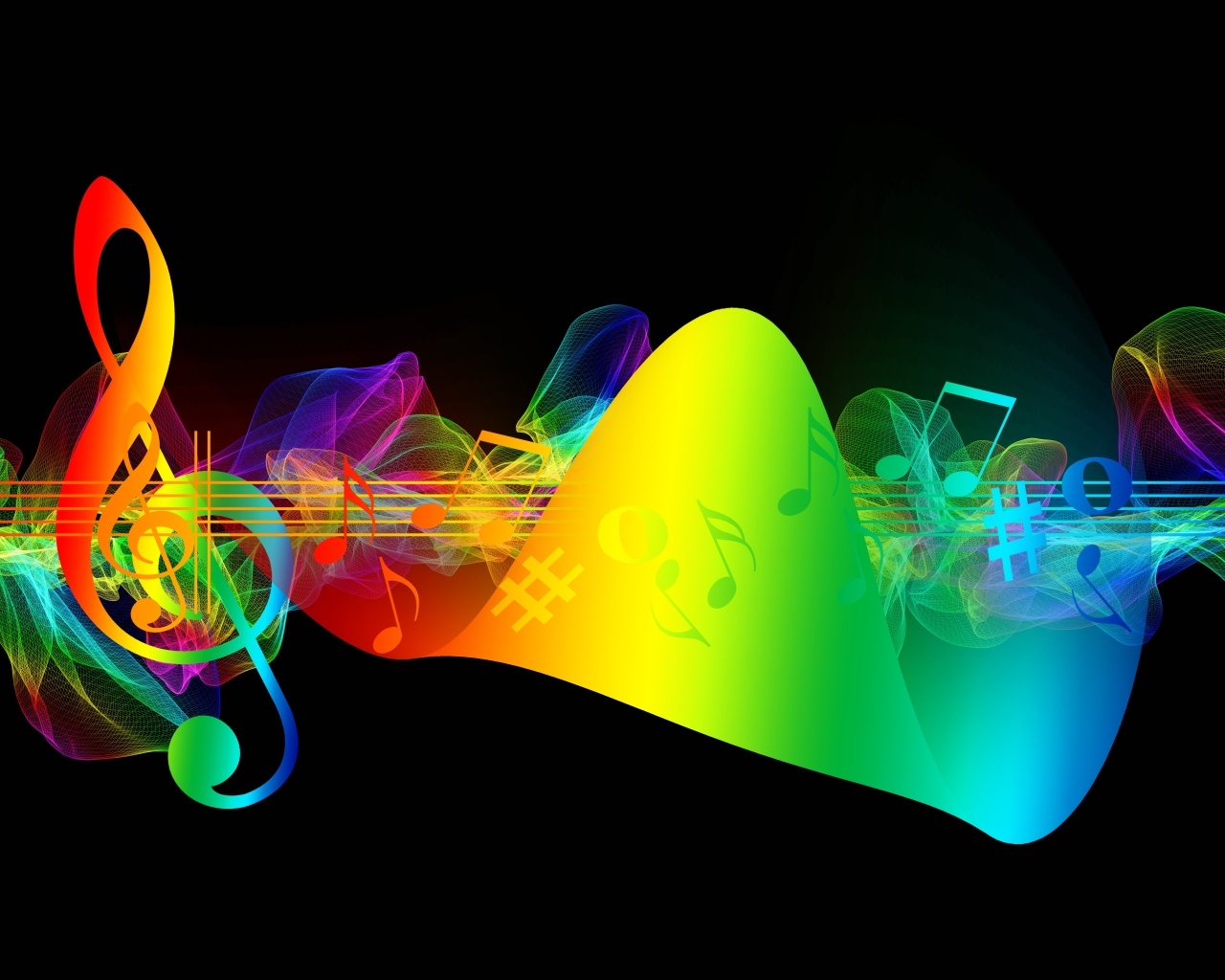 Разноцветный музыкальный ряд с нотами на черном фоне
