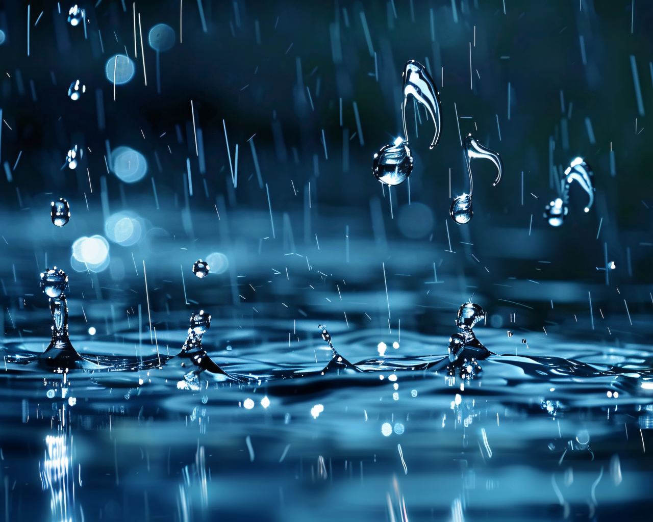 Ноты в каплях дождя в луже