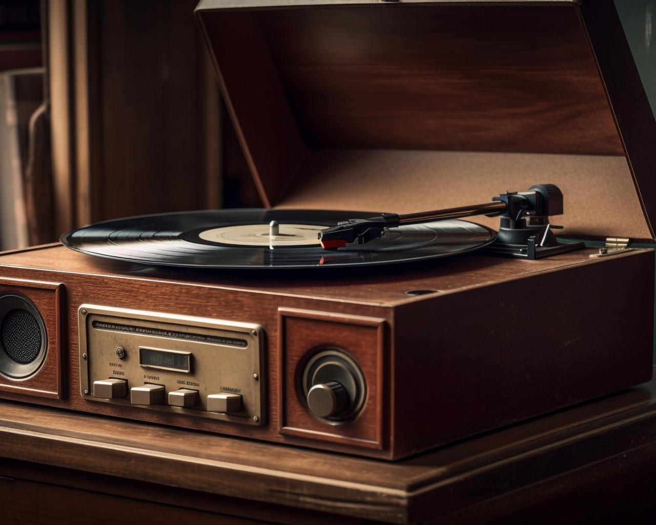 Старый виниловый проигрыватель на столе