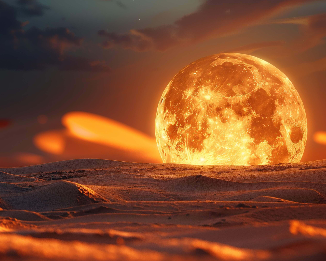 Большая огненная луна на песке