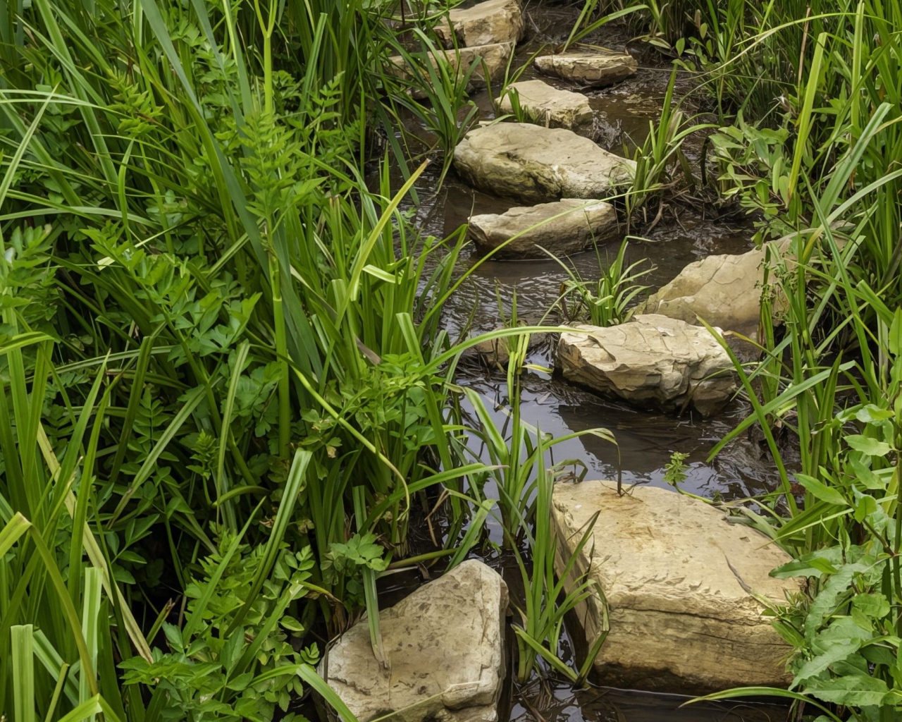 Большие камни в ручье в зеленой траве
