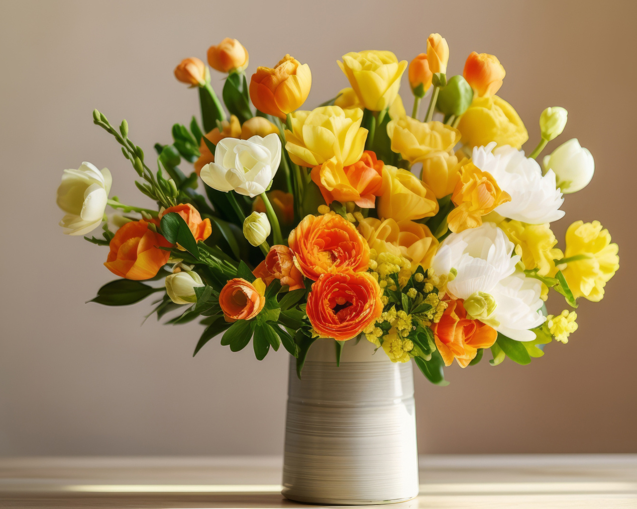 Букет красивых весенних цветов в вазе на столе
