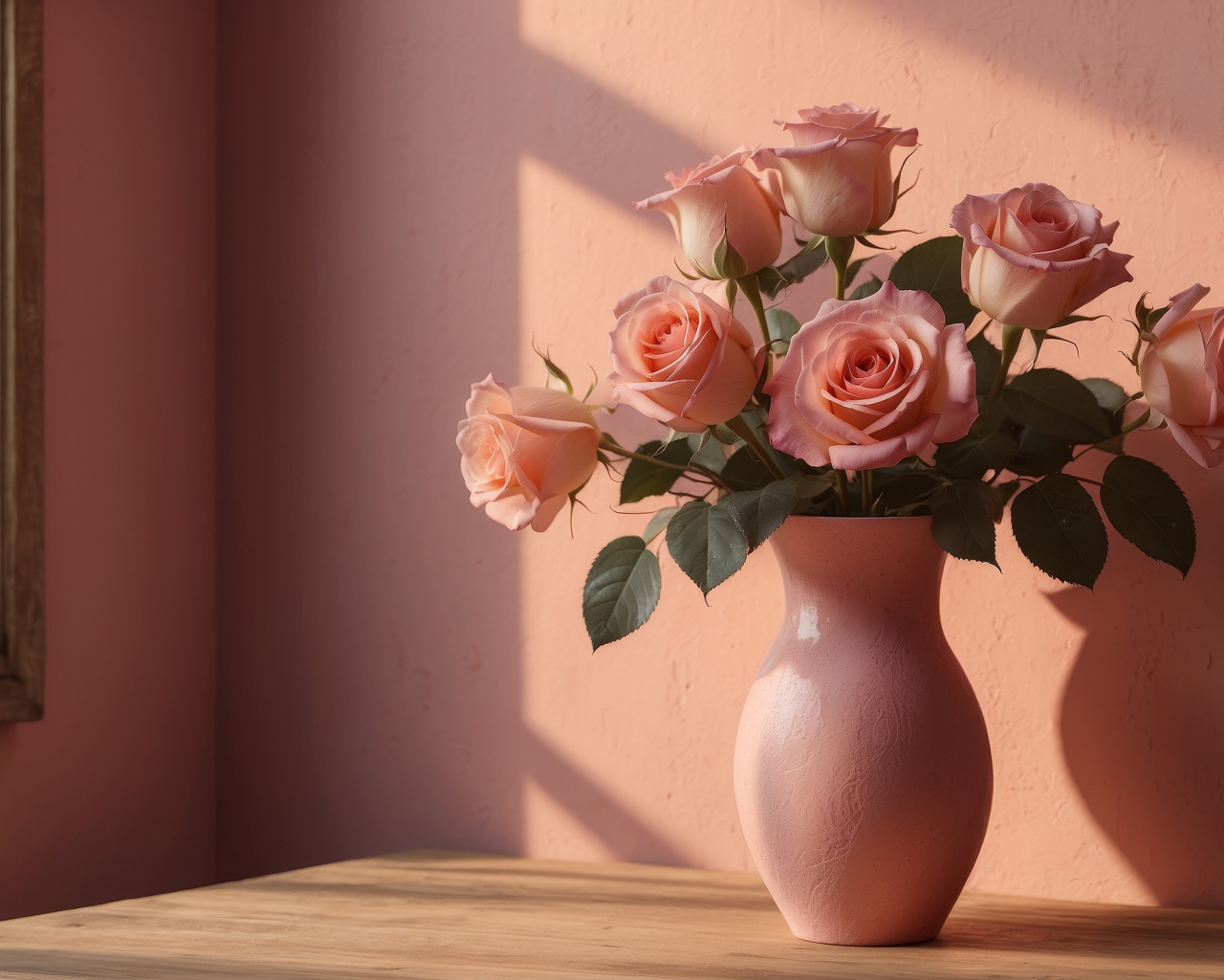 Букет нежных розовых роз в вазе у стены в лучах солнца