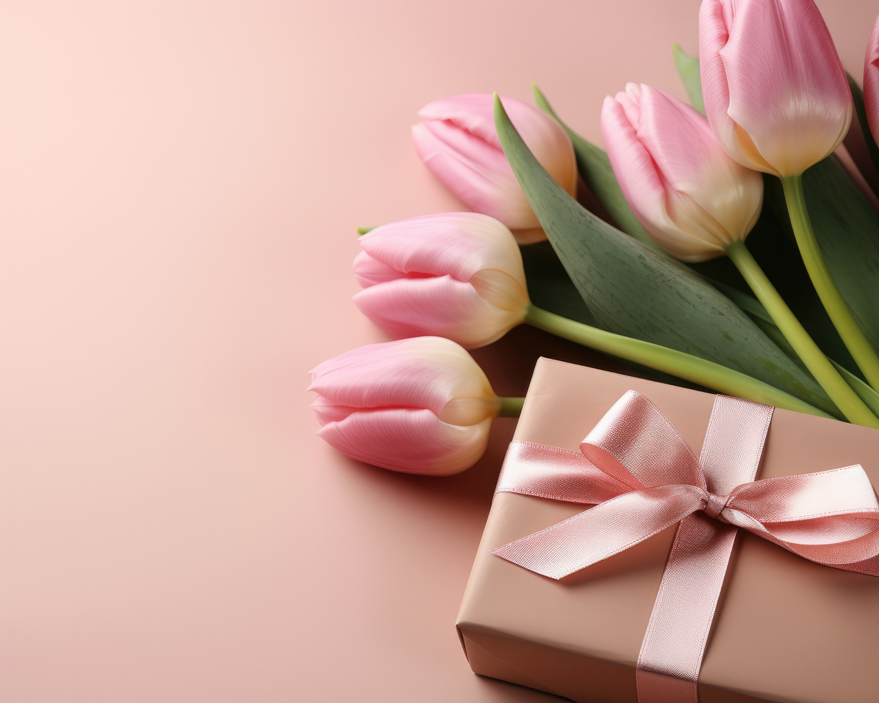 Красивые тюльпаны с подарком на розовом фоне