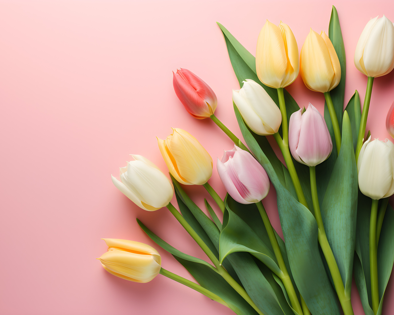 Букет нежных свежих тюльпанов на розовом фоне