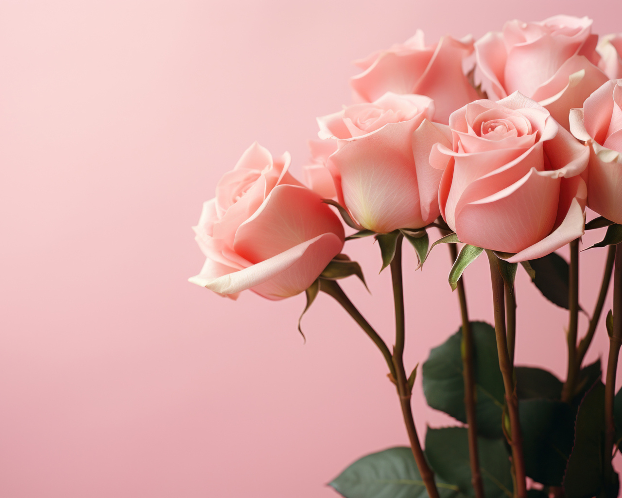Букет нежных розовых  роз на розовом фоне
