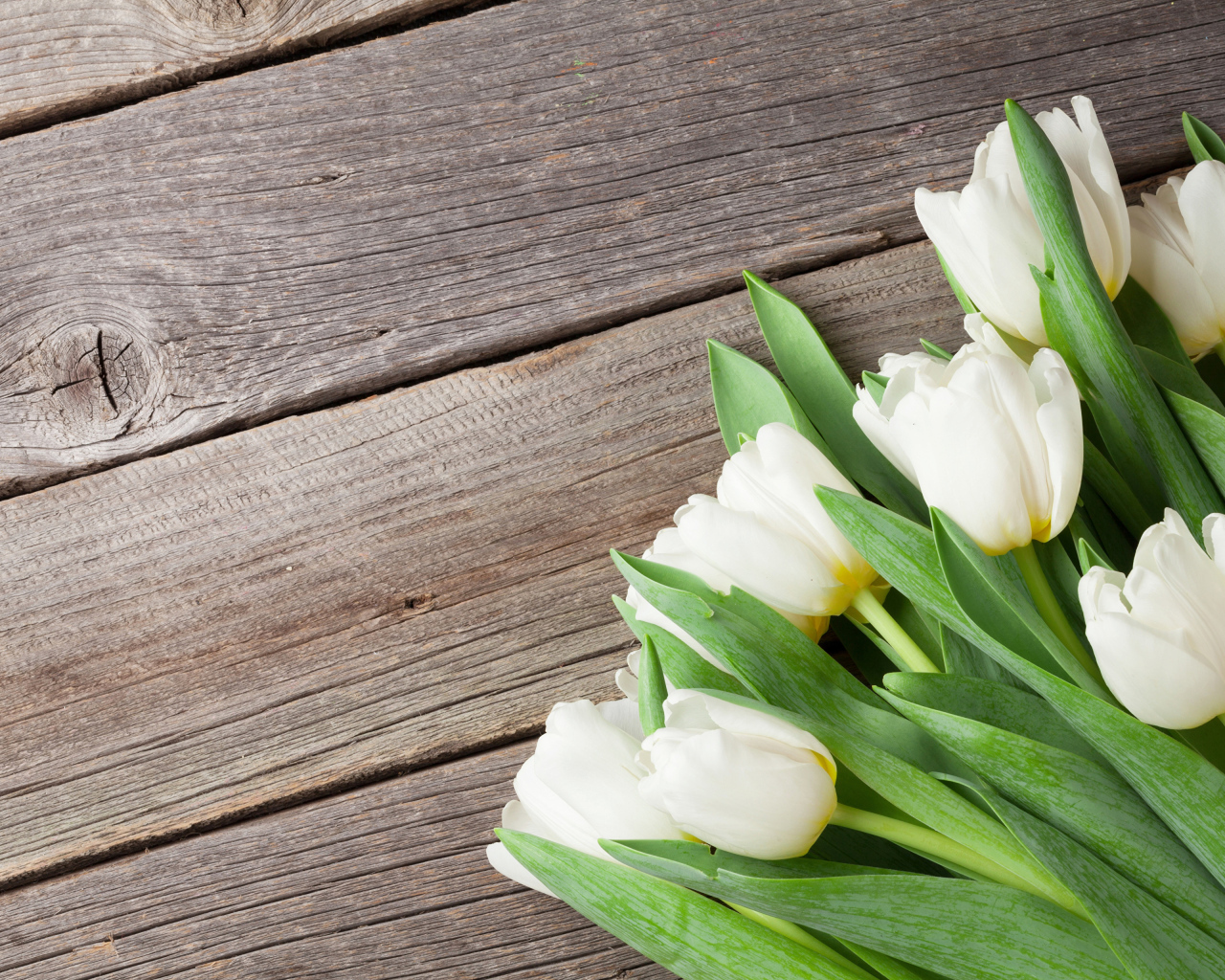 Букет нежных белых тюльпанов с зелеными листьями на деревянном столе