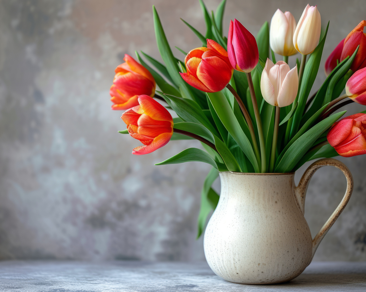 Букет разноцветных тюльпанов в вазе на фоне серой стены