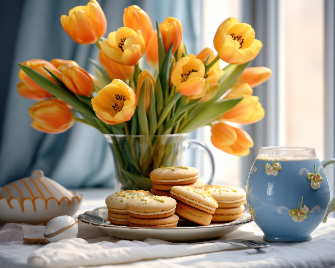 Букет оранжевых тюльпанов с печеньем на столе