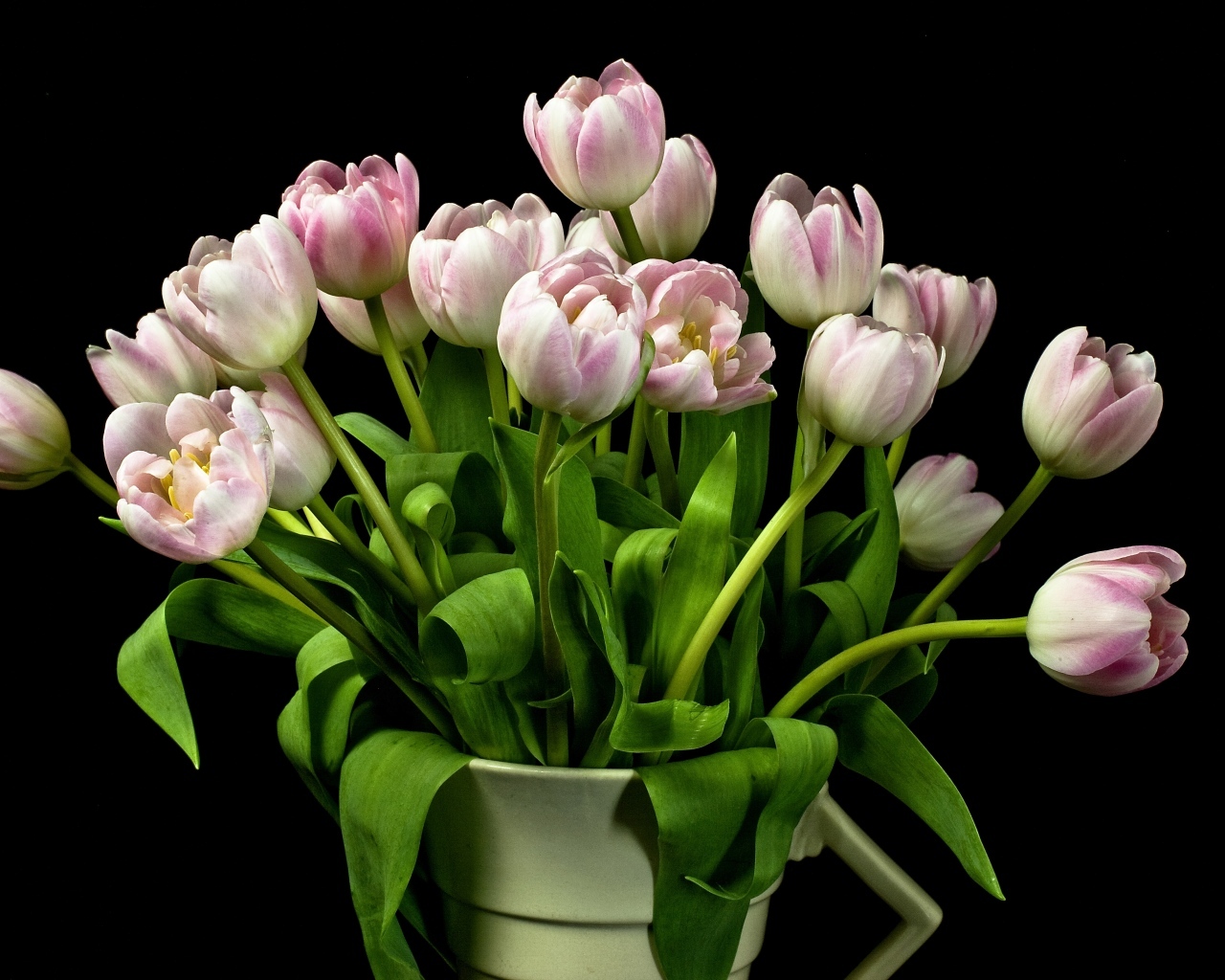 Букет розовых тюльпанов в вазе на черном фоне