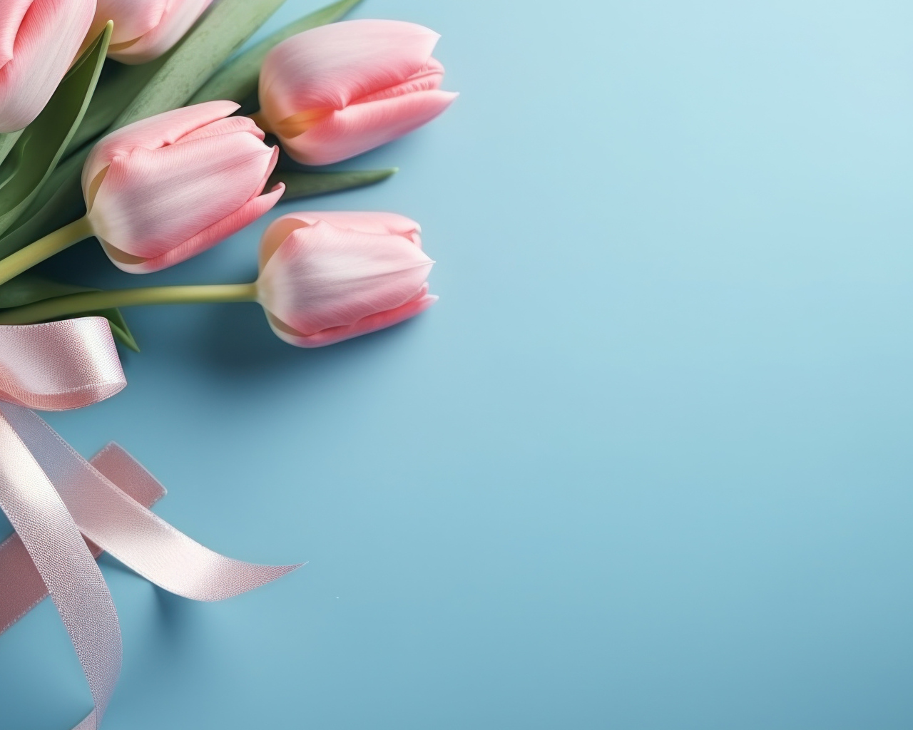 Букет розовых тюльпанов с лентой на голубом фоне