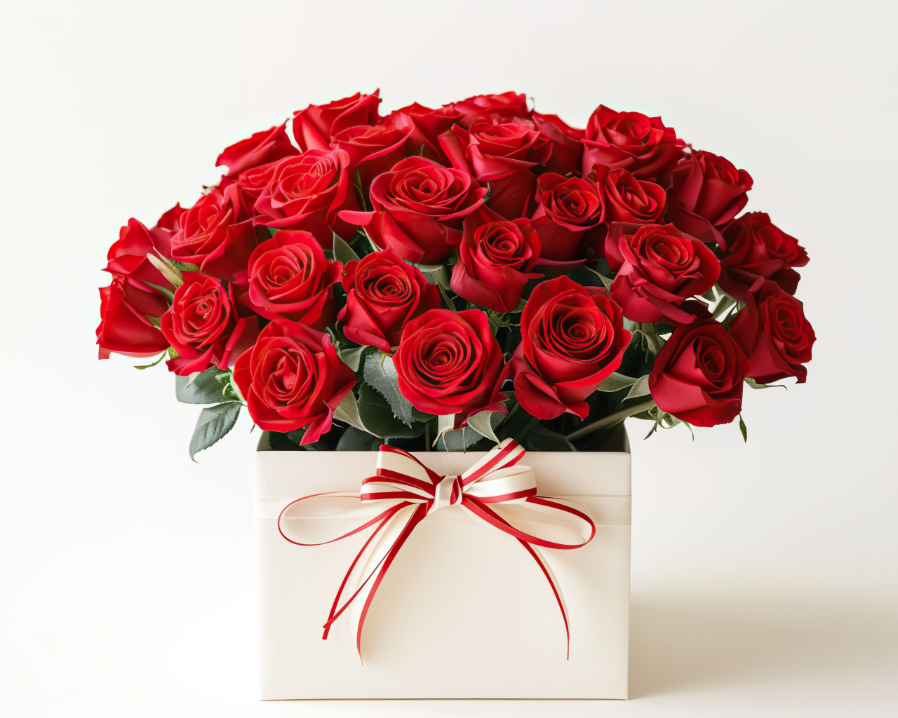 Букет красных роз в коробке на белом фоне