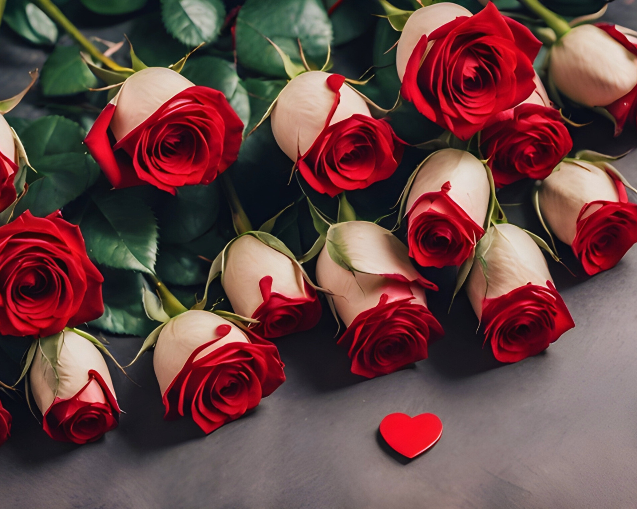 Букет красных роз с сердцем на сером столе