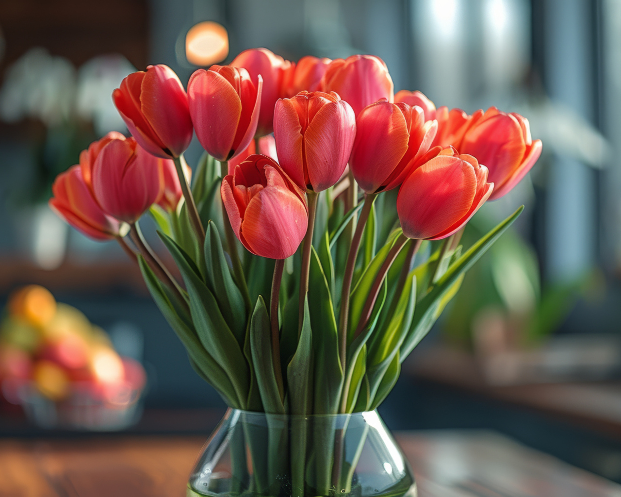 Букет красных тюльпанов в стеклянной прозрачной вазе на столе