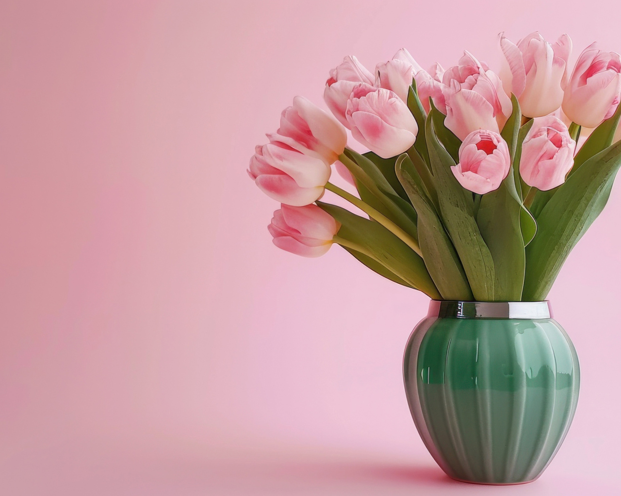 Букет тюльпанов зеленой вазе на розовом фоне