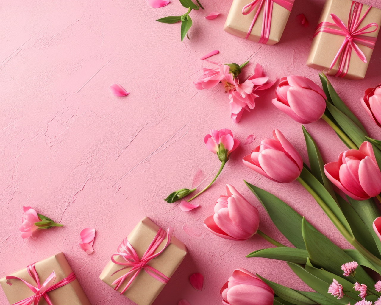 Букет тюльпанов с подарками на розовом фоне