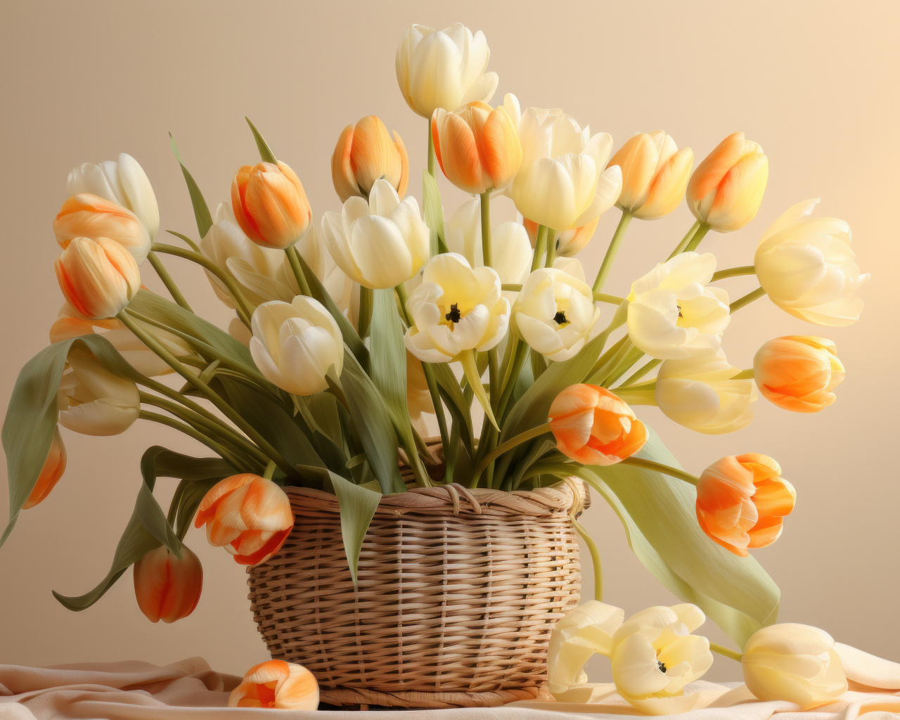 Букет белых и оранжевых тюльпанов в корзине