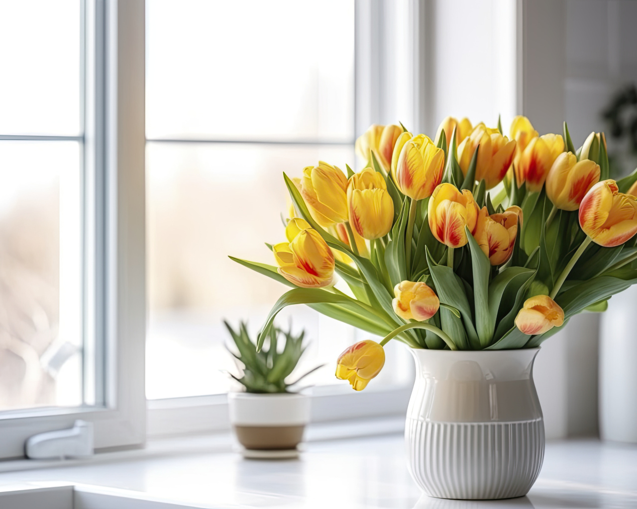 Букет желтых тюльпанов в вазе у окна