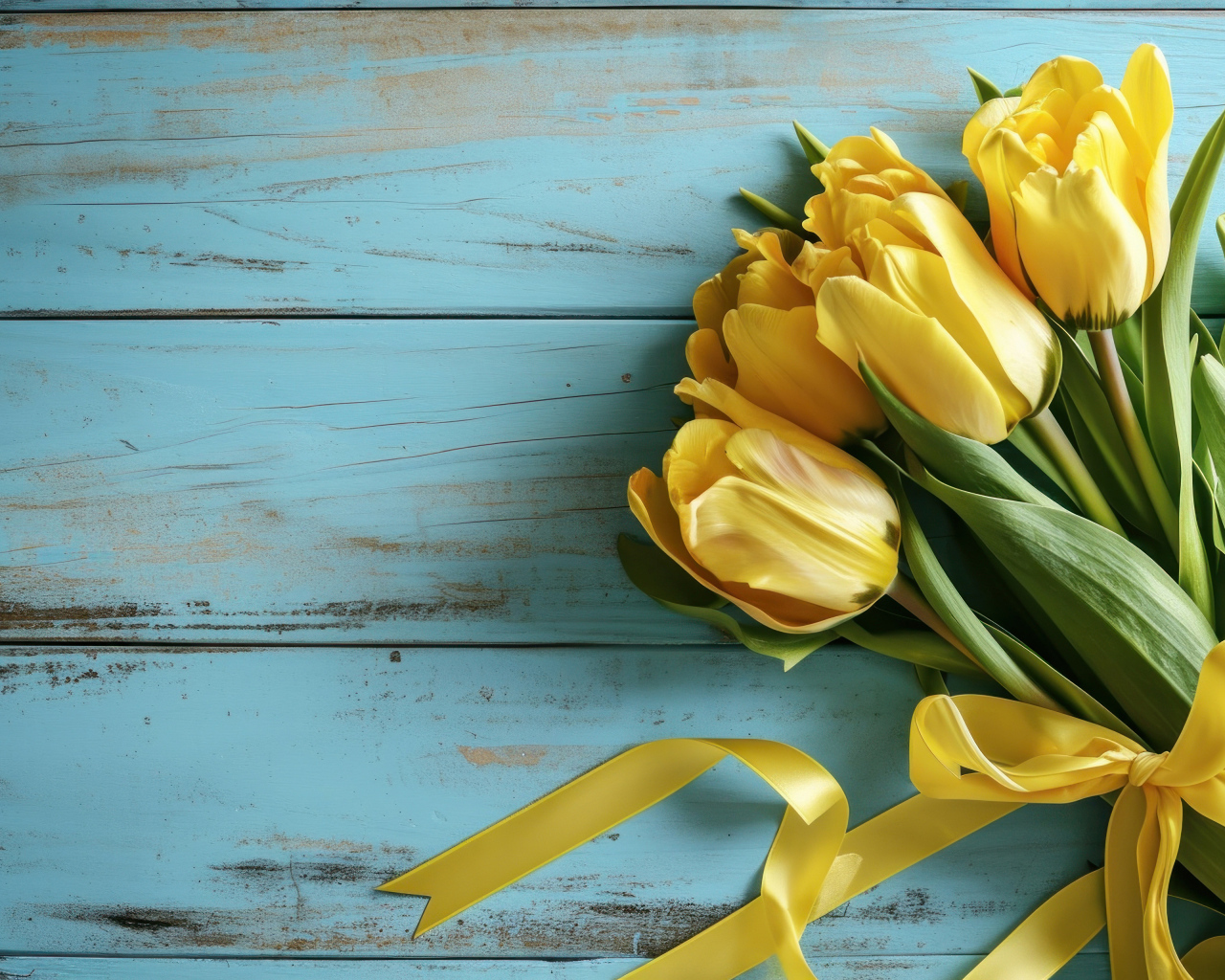 Букет желтых тюльпанов с лентой на голубом столе