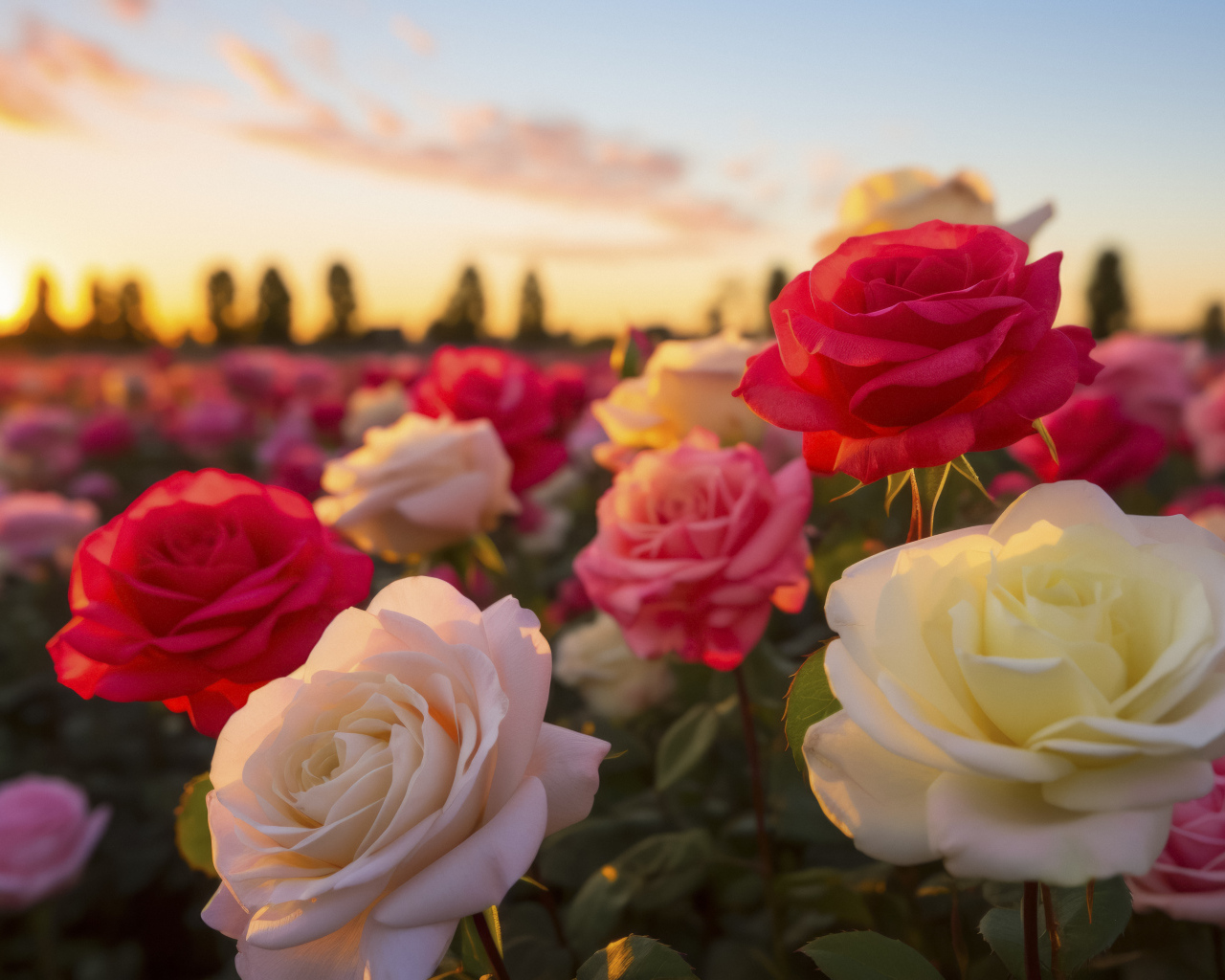 Нежные разноцветные розы в лучах солнца на закате