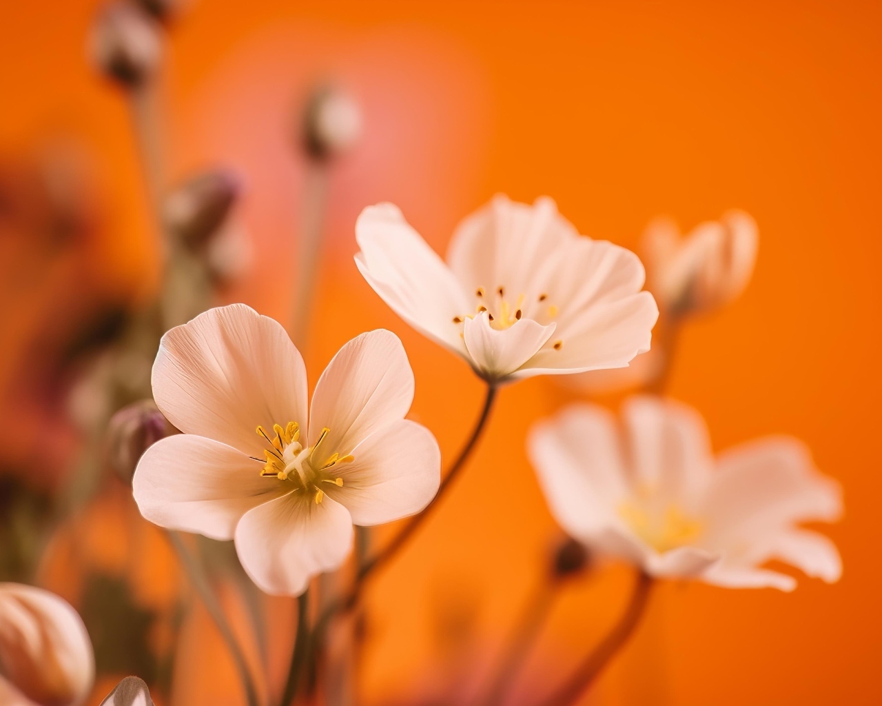 Нежные белые маленькие цветы на оранжевом фоне