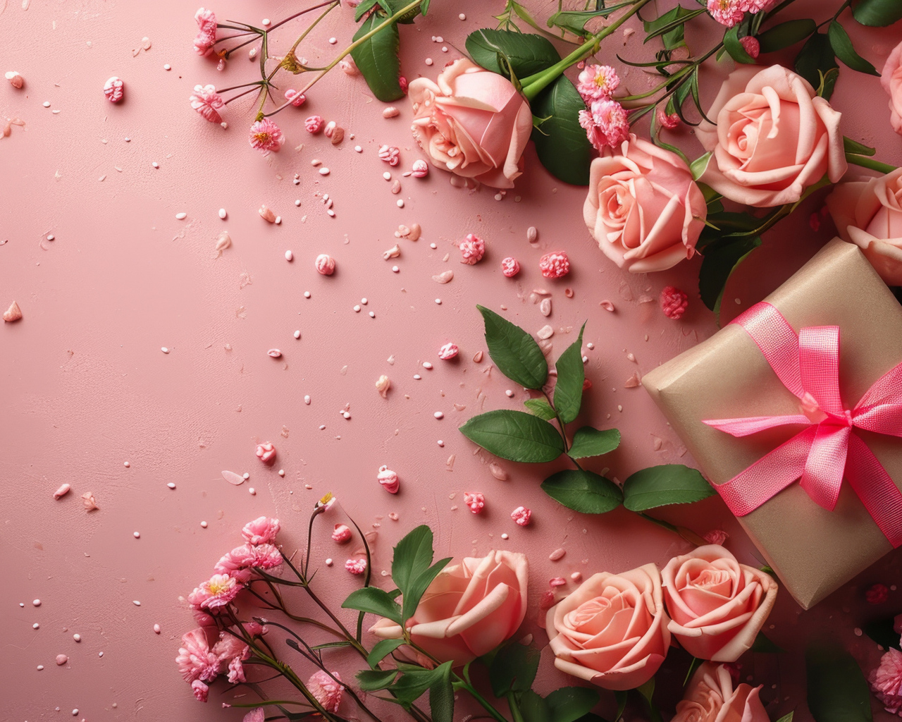 Подарок с розами на розовом фоне