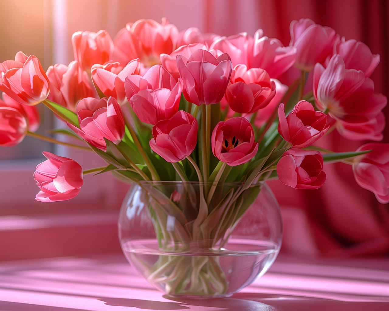 Большой букет розовых тюльпанов в стеклянной вазе