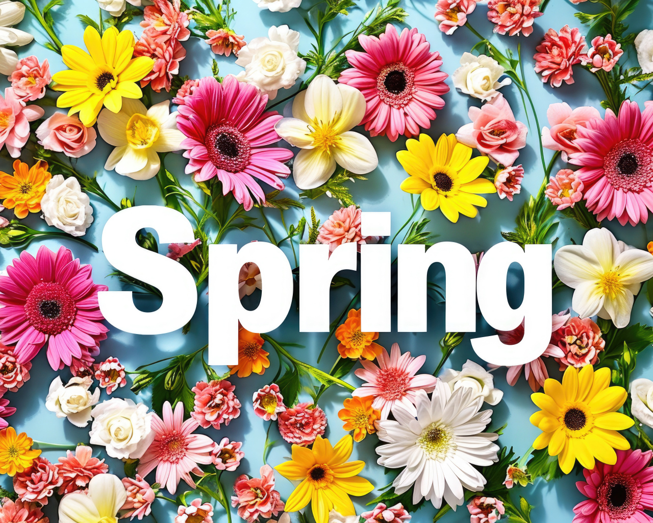 Много разноцветных цветов на голубом фоне с надписью весна