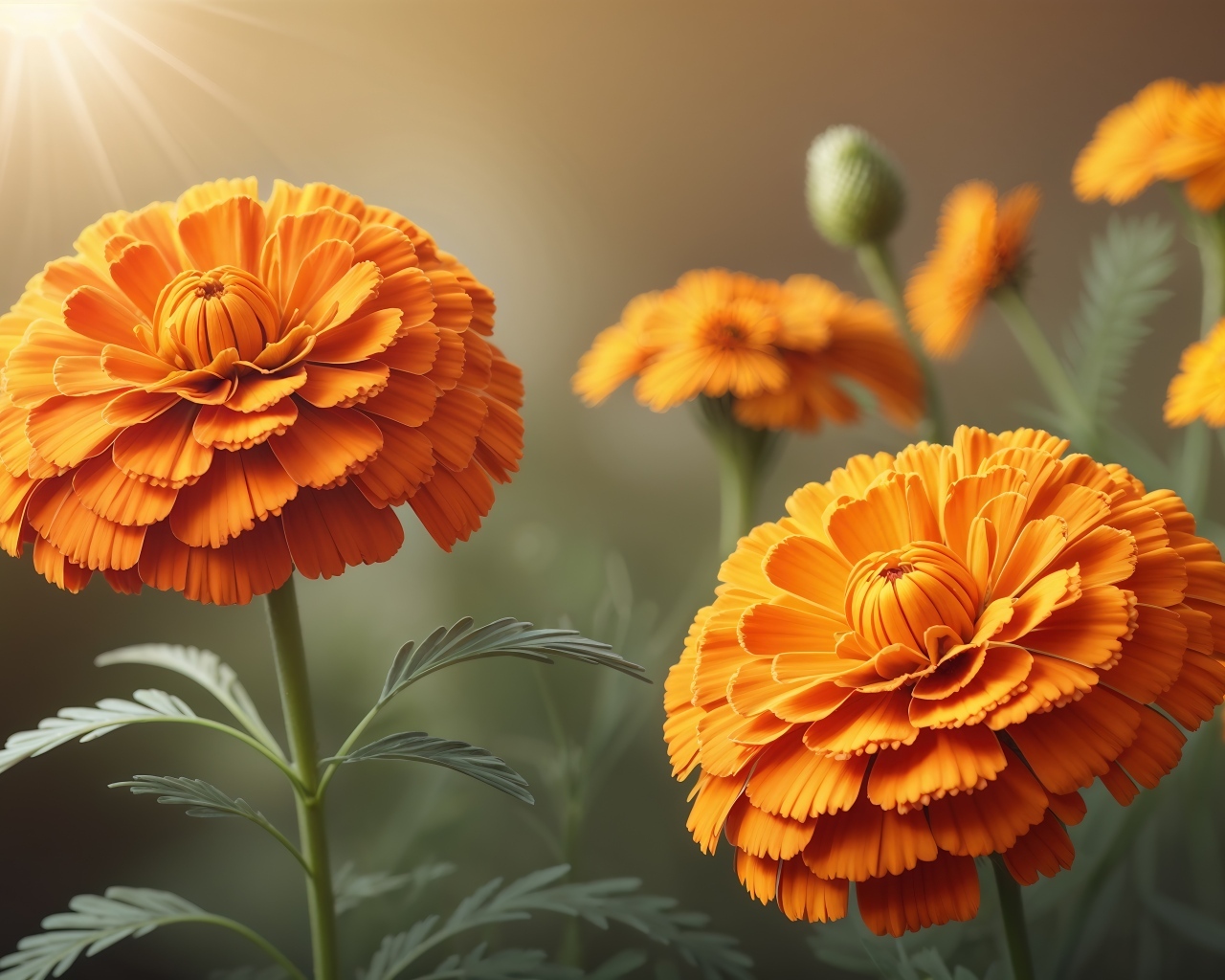 Оранжевые цветы бархатцы в лучах солнца