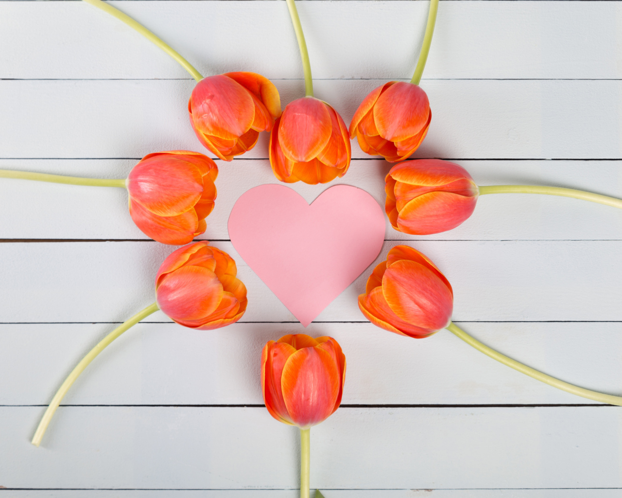 Оранжевые тюльпаны с розовым сердцем на сером столе