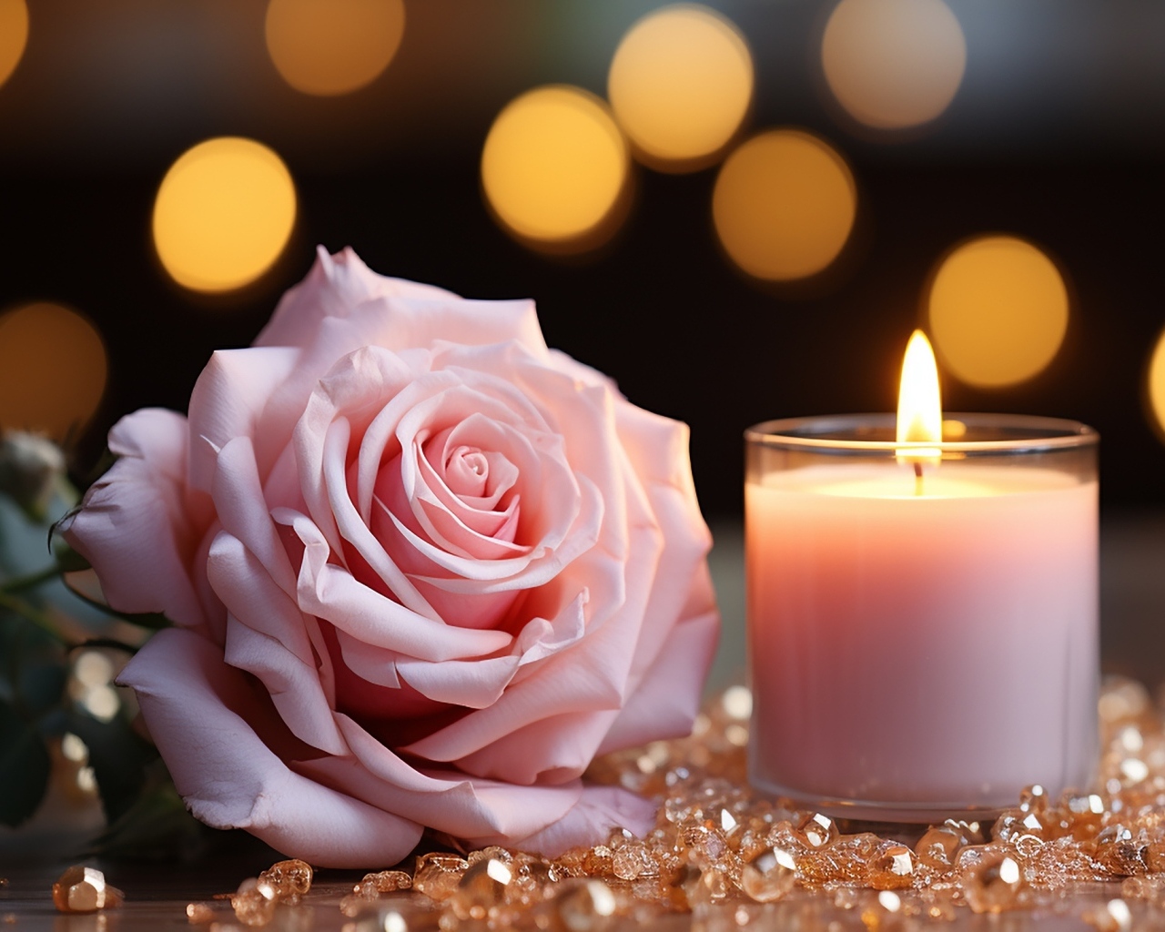 Розовая роза с зажженной свечой и камнями