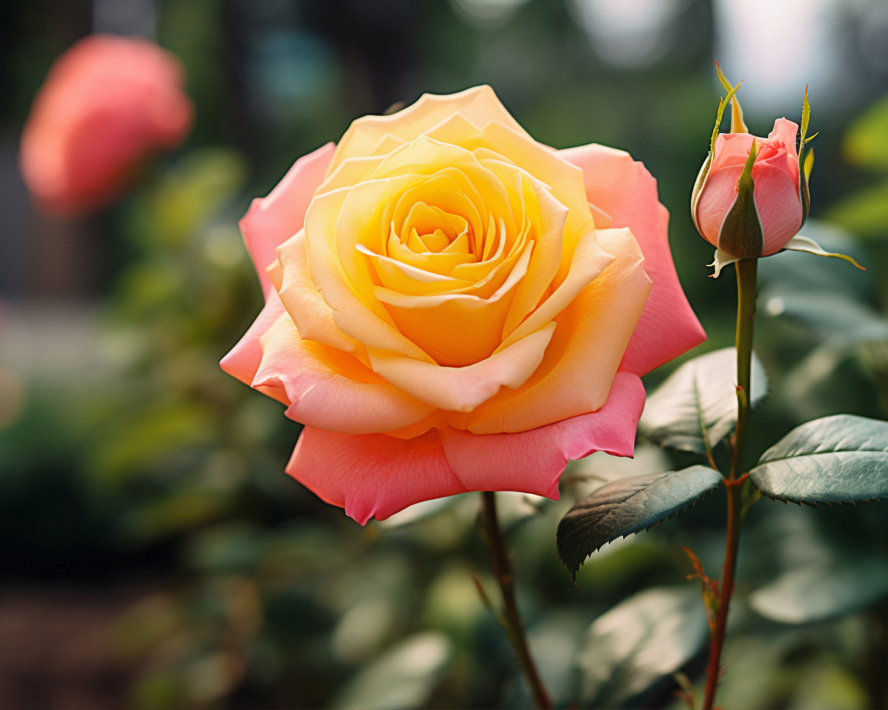 Розовая роза с желтой серединкой с бутоном