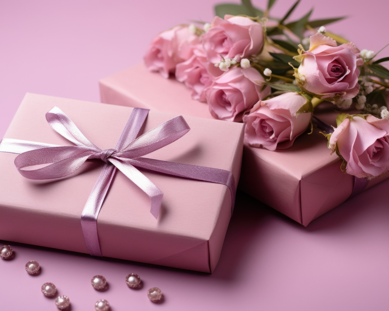 Розовые розы с подарками на столе