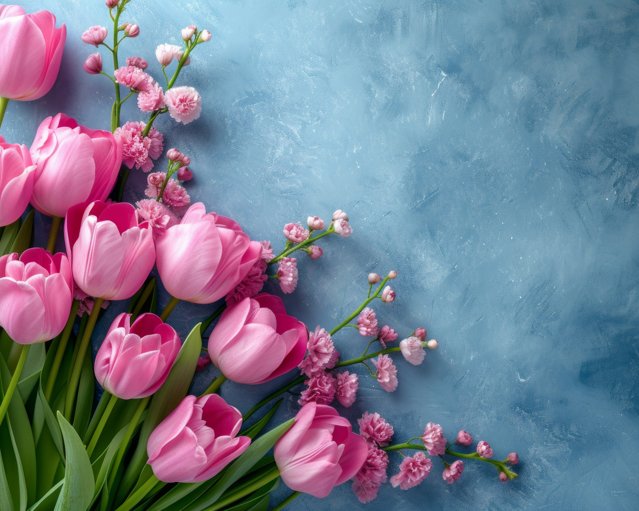Розовые тюльпаны и гипсофила на сером столе