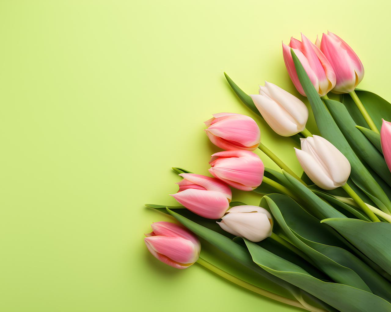 Розовые тюльпаны на зеленом фоне, шаблон 