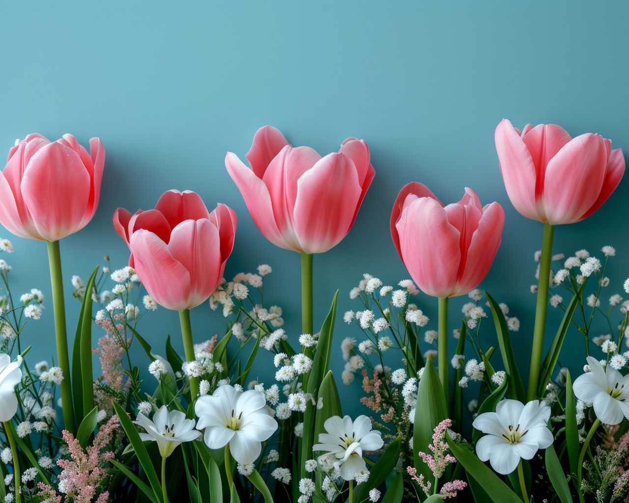 Розовые тюльпаны с белыми цветами на голубом столе