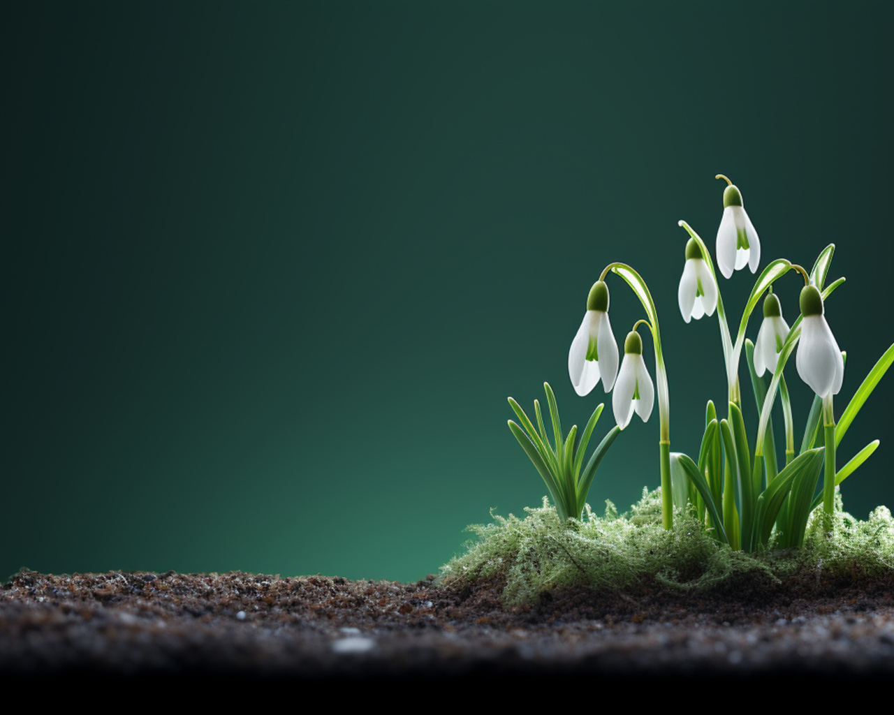 Маленькие белые подснежники на черной земле