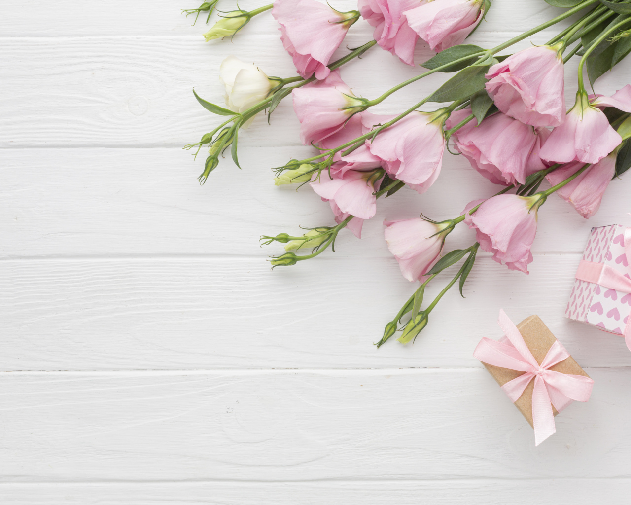 Нежна розовая эустома с подарками на белом фоне