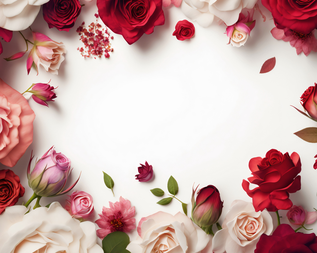 Белый фон с сорванными цветами розы