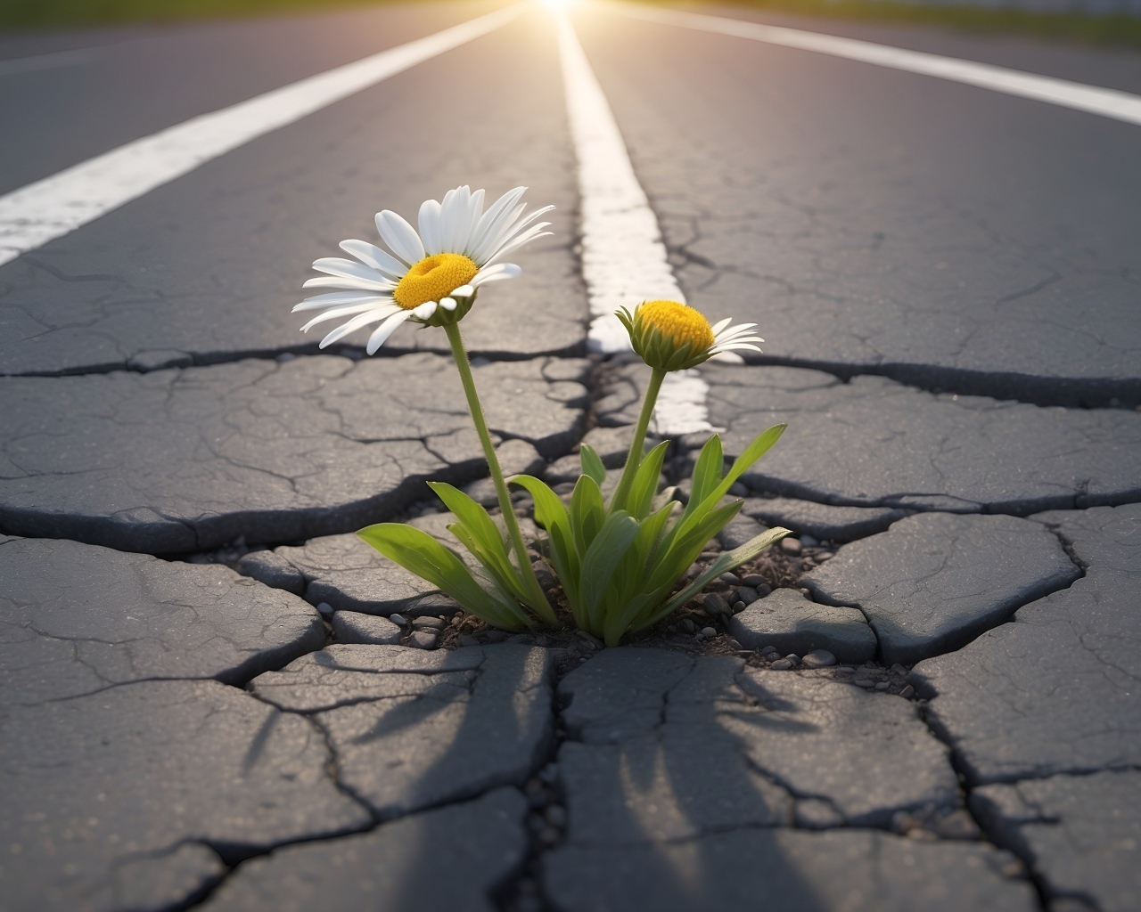 Белые цветы ромашки пробиваются на асфальте