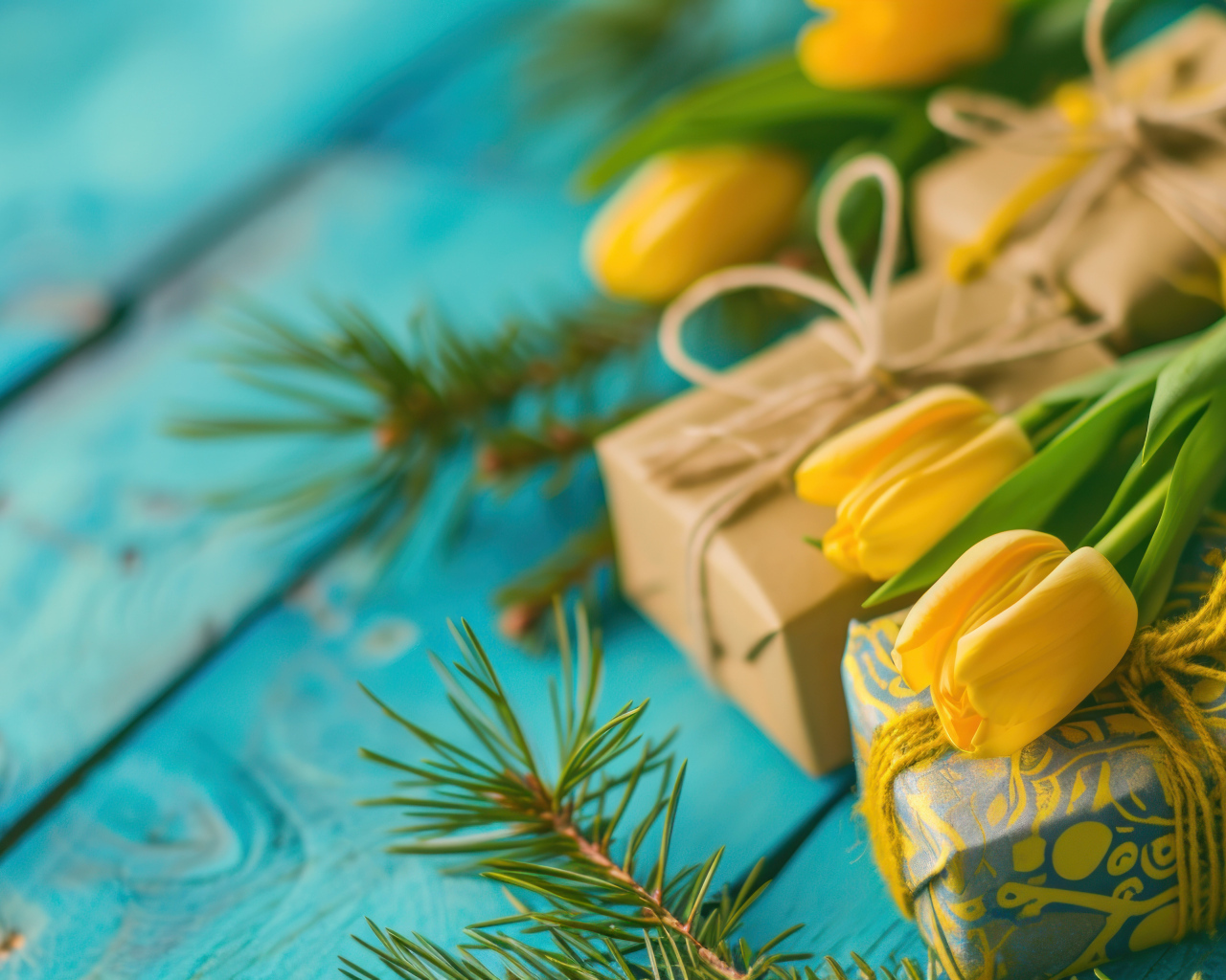 Желтые тюльпаны, еловые ветки и подарки на голубом столе