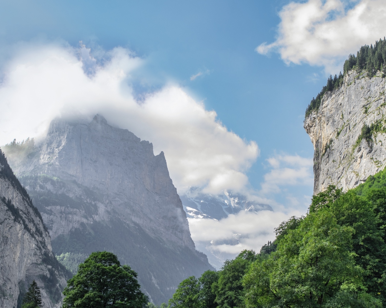 Высокие покрытые зеленью горы в белых облаках