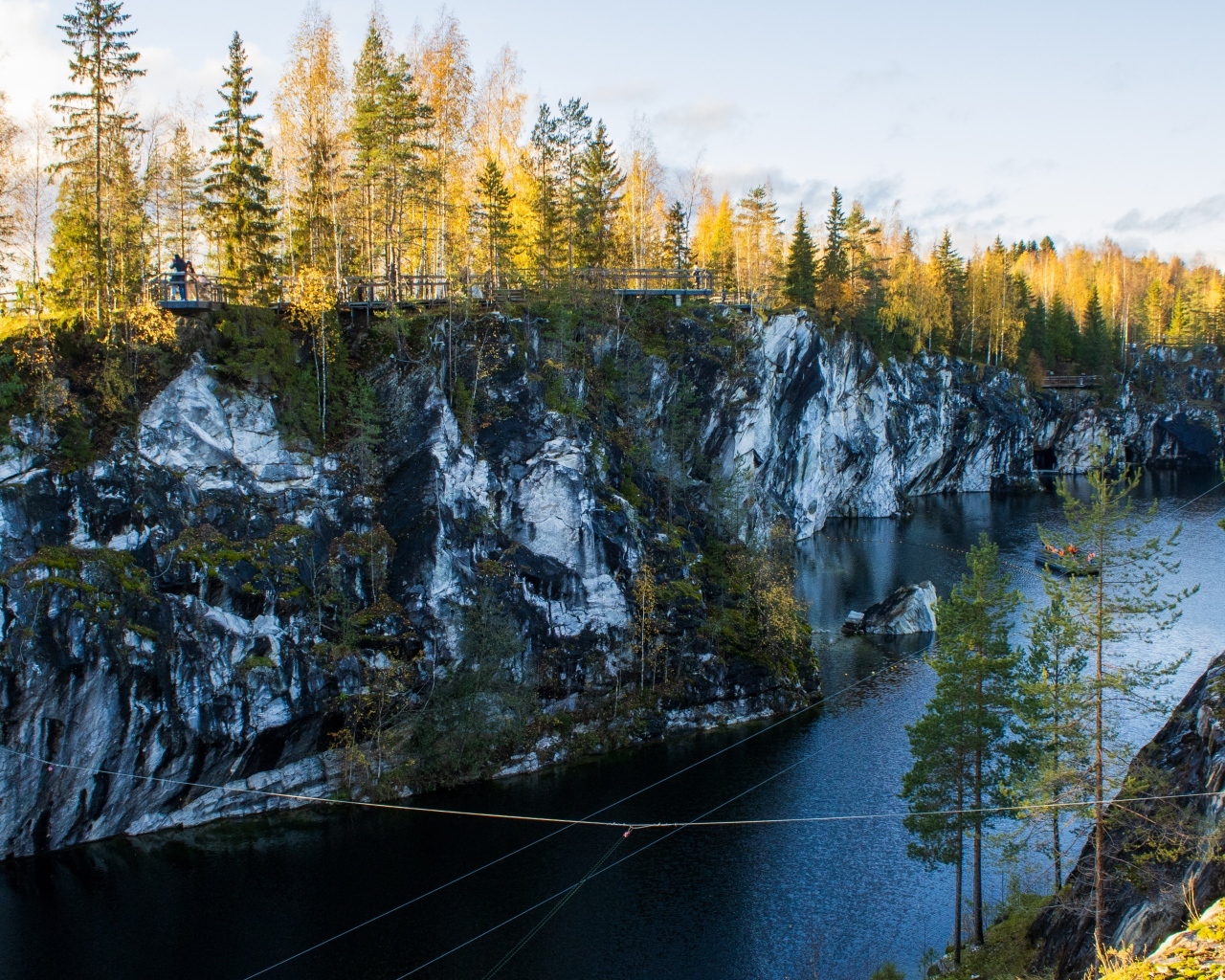 Вид на утес покрытый деревьями у воды