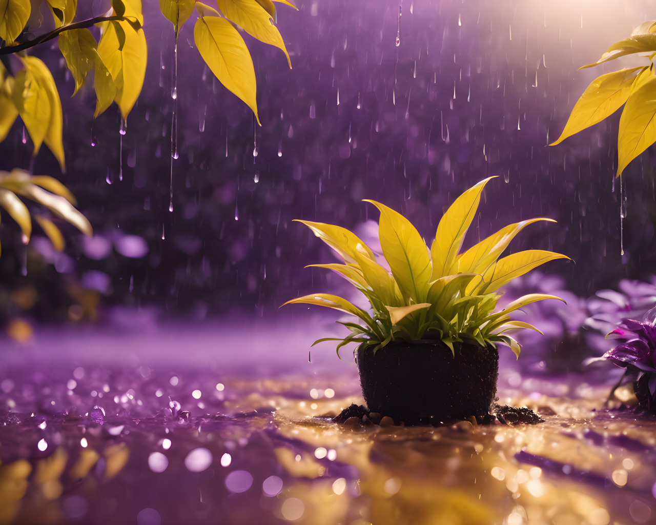 Зеленое растение стоит под дождем