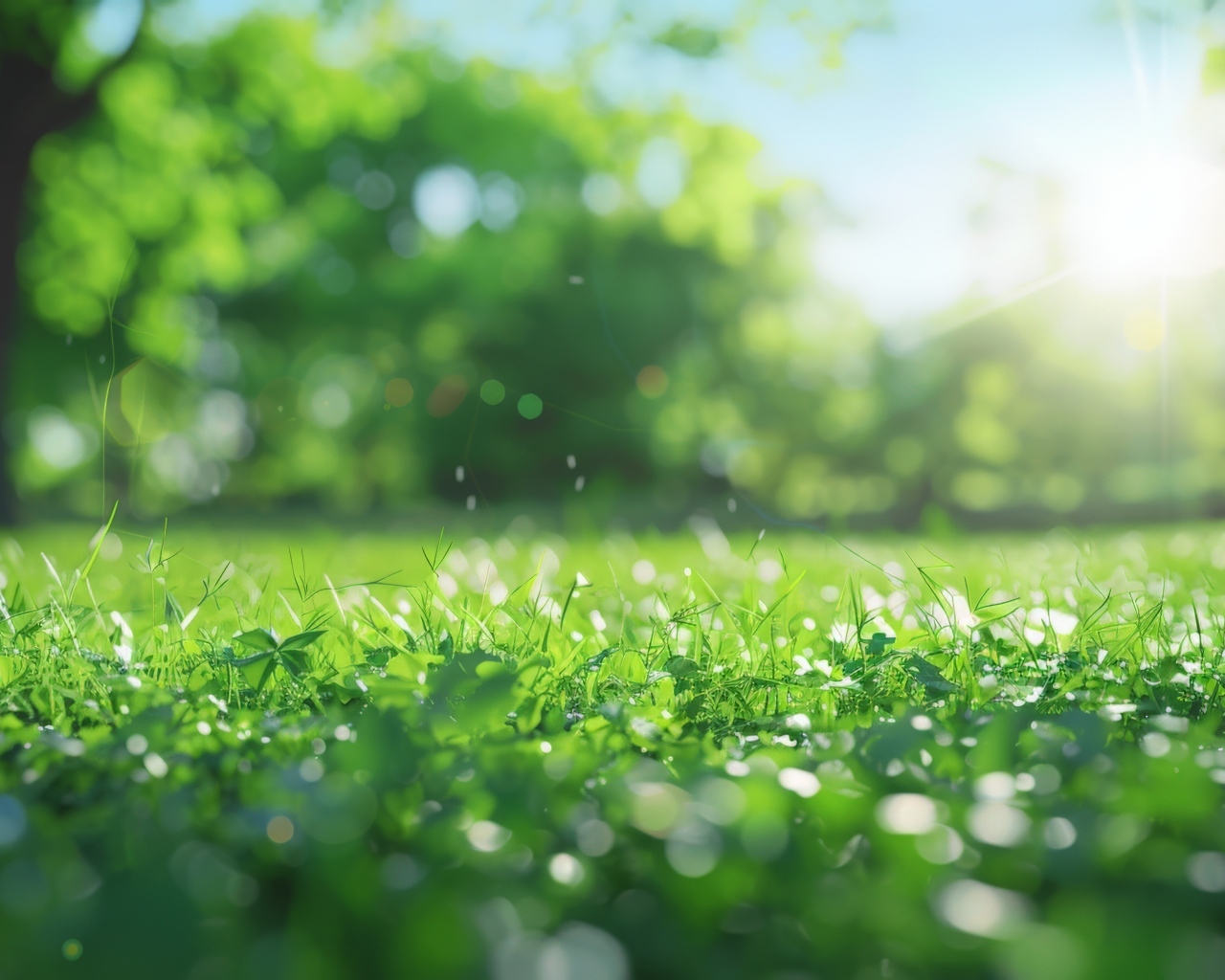 Зеленая молодая трава в лучах солнца летом